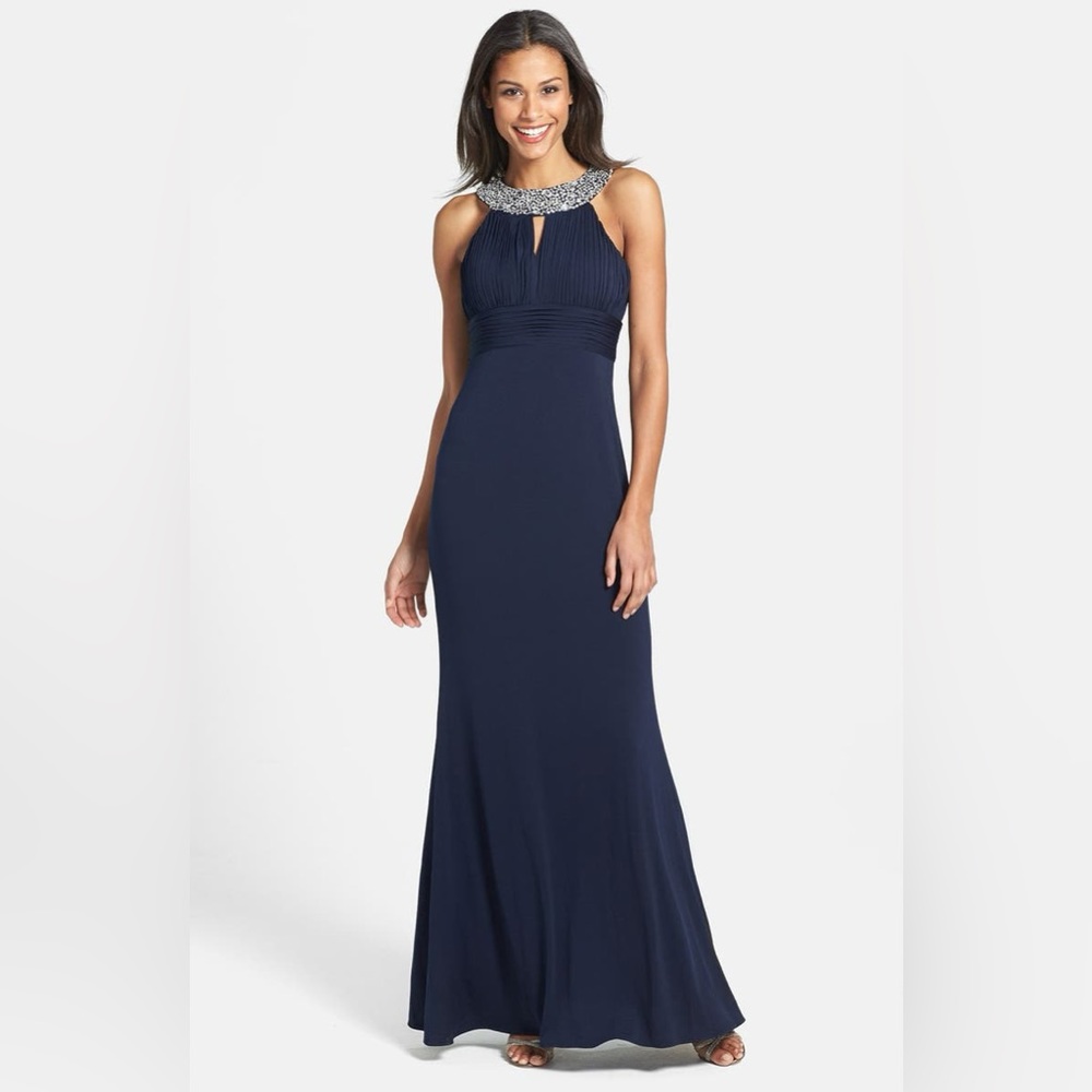 Black Beaded Neck Keyhole Halter Maxi Gown Prom Formal Dress